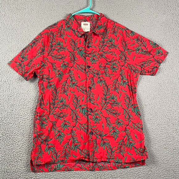 Levi's Men's M Red Green Leaf Print Hawaiian Aloha Short Sleeve Button Shirt - Picture 1 of 8